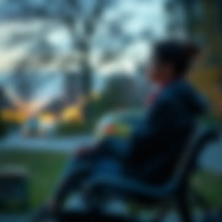 A young woman sitting on a park bench, looking contemplatively into the distance, symbolizing her struggle with breathing issues.