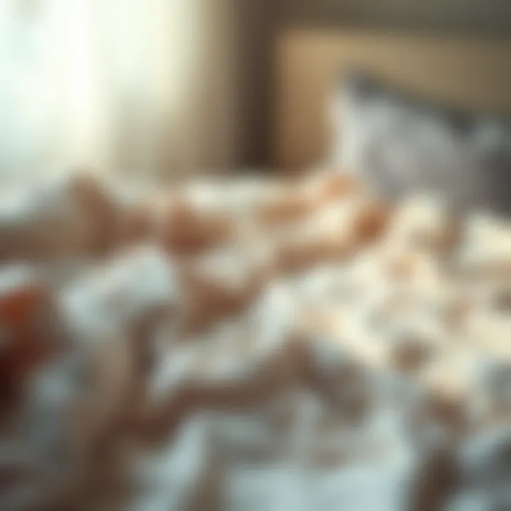 A close-up of a bed with blankets gently rising and falling, creating a breathing illusion.