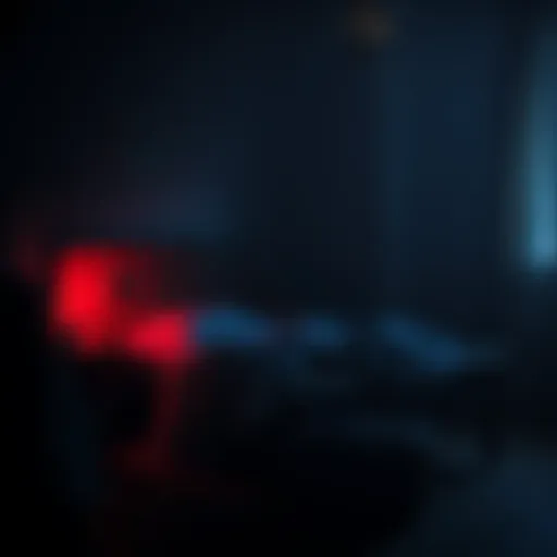 A dark bedroom with a shadowy figure near the bed, creating an eerie atmosphere as strange breathing sounds fill the room.