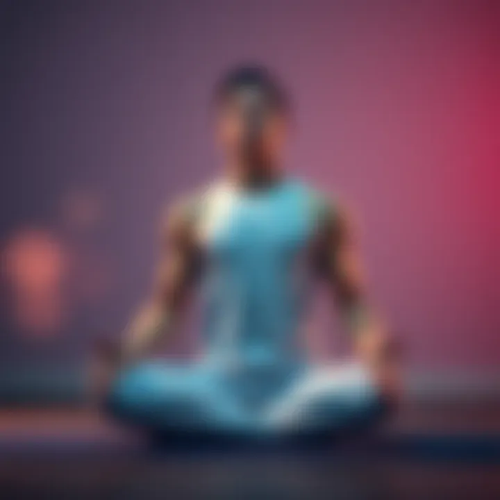 Individual sits cross-legged, focused on diaphragmatic breathing, minimizing shoulder and chest movement