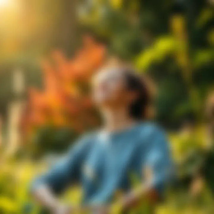 A person practicing breathwork outdoors, surrounded by nature, focusing on mindfulness and relaxation, symbolizing affordable certification options in Germany.
