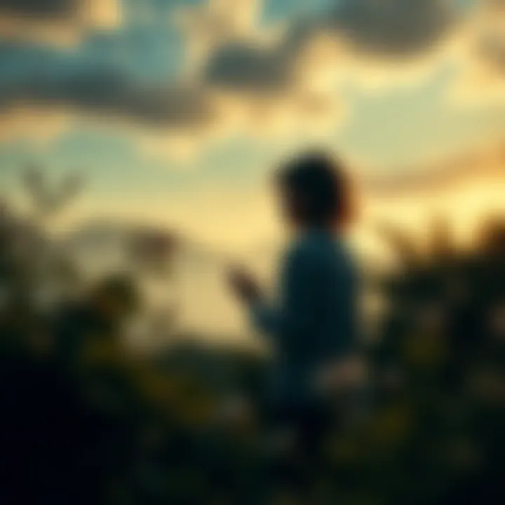 A serene setting with a person practicing breathwork amidst nature, symbolizing introspection and healing.