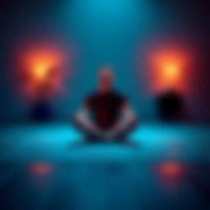 Individual sitting cross-legged, focusing on breath in a calm environment