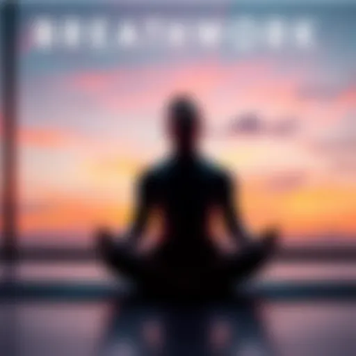 Individual sitting cross-legged, eyes closed, taking deep breaths in a serene environment