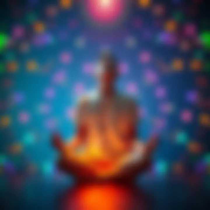 Individual sitting cross-legged, eyes closed, engaged in breathwork, surrounded by colorful light patterns