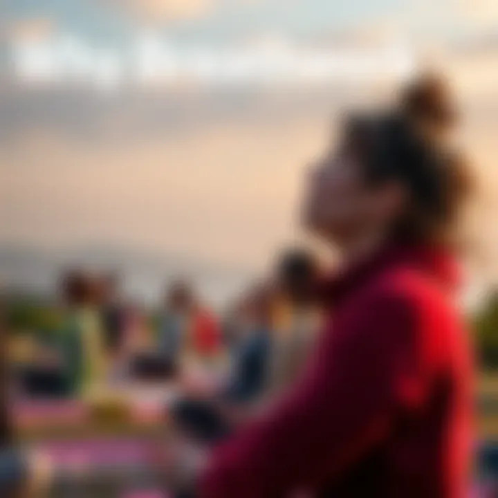 Group of individuals engaged in breathwork exercises outdoors, focusing on deep breathing and mindfulness