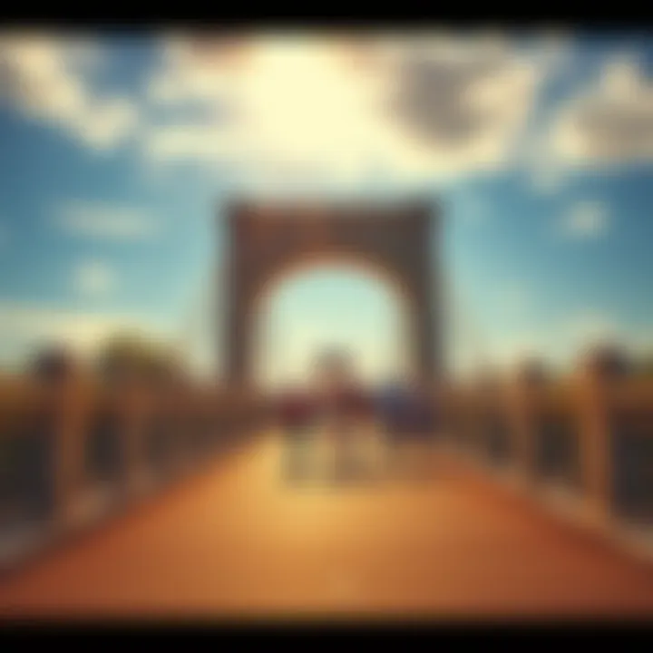 A group of people walking and enjoying the view on a sunny bridge