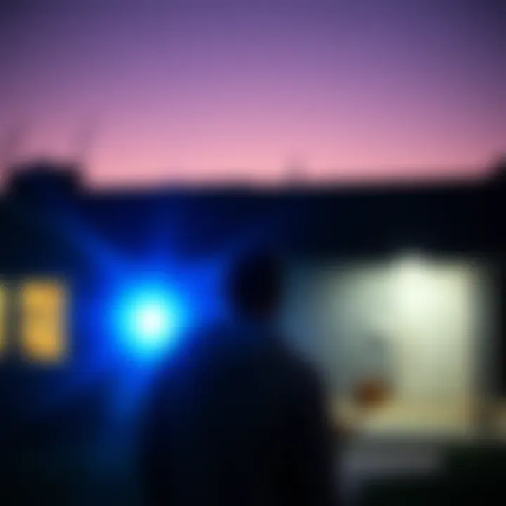 Bright Blue Light in San Luis Obispo A bright blue light glowing outside a home in San Luis Obispo County at dawn, with a resident looking on, feeling uneasy.