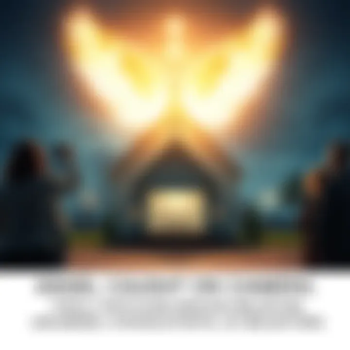 A bright figure resembling an angel stands in front of a small church, as amazed congregants look on.