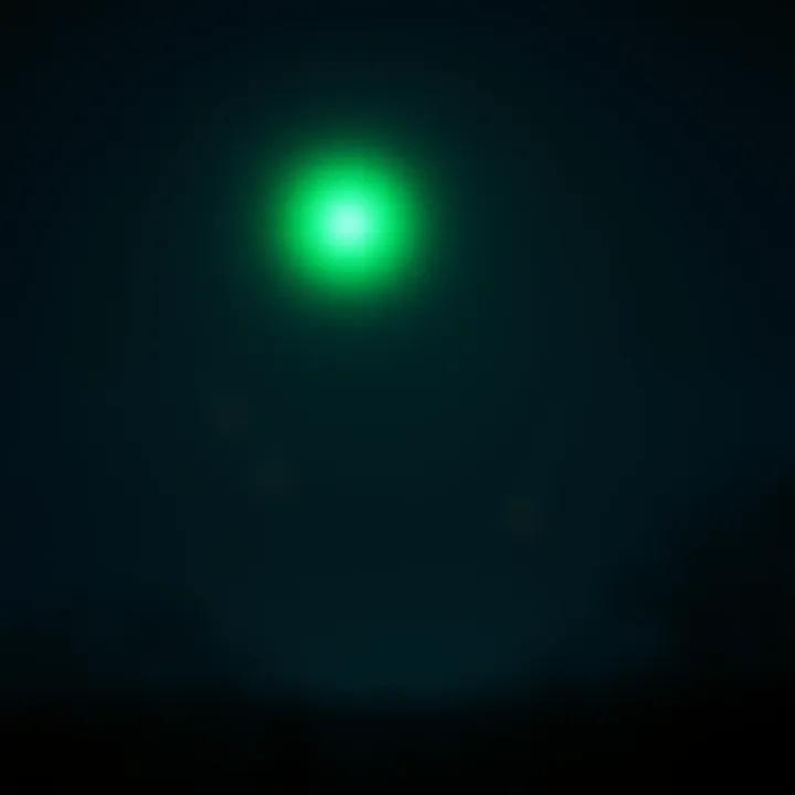 Bright green orb in night sky A bright green orb lights up the dark sky over Etobicoke, with other lights flying in formation nearby.
