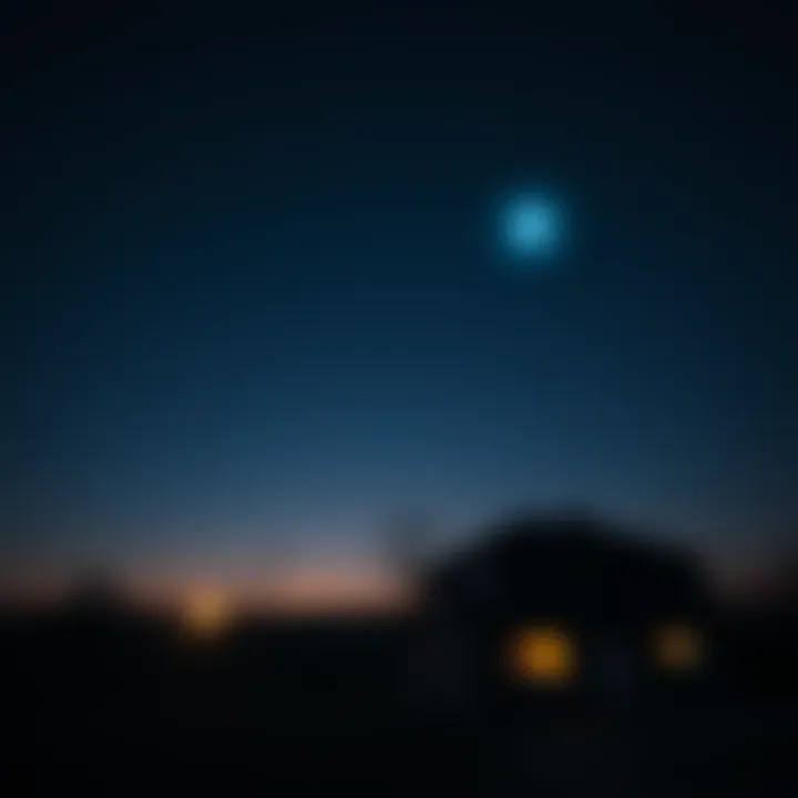Bright Object in the Night Sky A bright, unidentified object glows in the dark sky, moving across the horizon near a house.