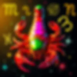 Bright Scorpio Traits A cheerful Scorpio with bright colors representing their warm personality, surrounded by symbols of Sagittarius and Libra.