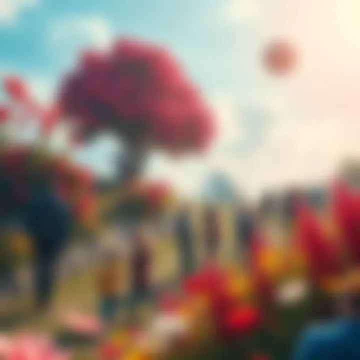 Bright Colors of Change A vibrant landscape filled with colorful flowers and light, symbolizing a shift into a new reality. People are gathered, sharing connections and experiences in this transformed world.