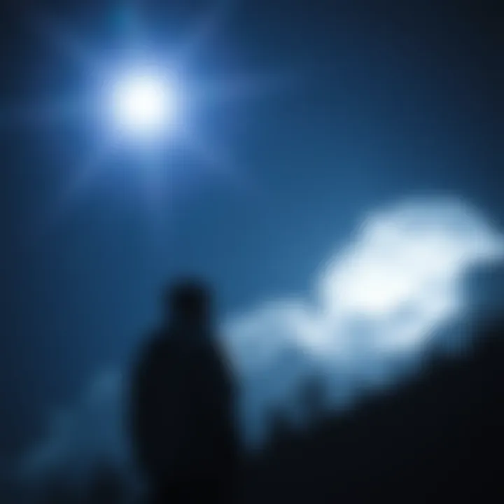 Bright flash in the night sky A person gazing at the night sky with a bright flash illuminating the clouds, creating an ethereal glow around them.