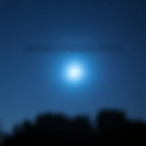 A bright light in the night sky, resembling a small unidentified flying object, seen from a distance with trees below.