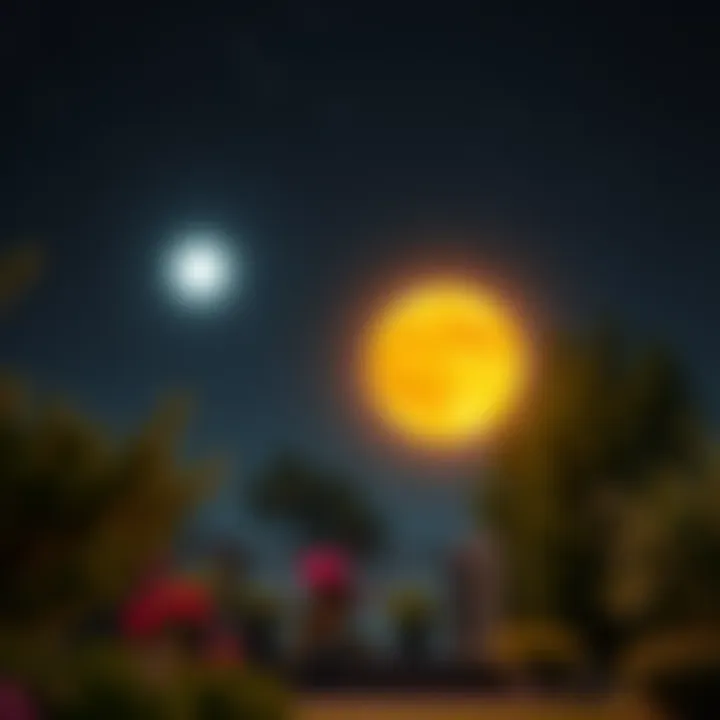 A golden-yellow orb and a smaller white object glowing in the night sky over a garden