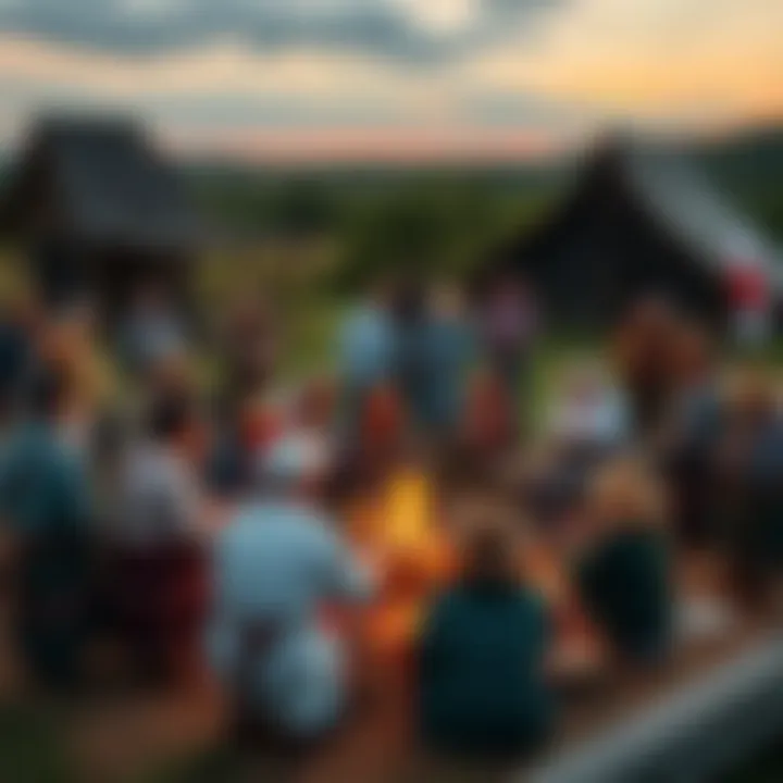 A gathering of people participating in British and Irish folk rituals in a Texas setting, surrounded by nature and cultural symbols, emphasizing heritage and tradition.