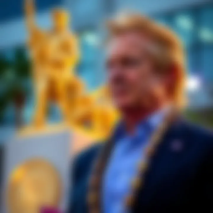 Billionaire Brock Pierce stands next to a gold statue at a ribbon-cutting ceremony alongside Trump’s pastor, raising eyebrows due to his controversial past.