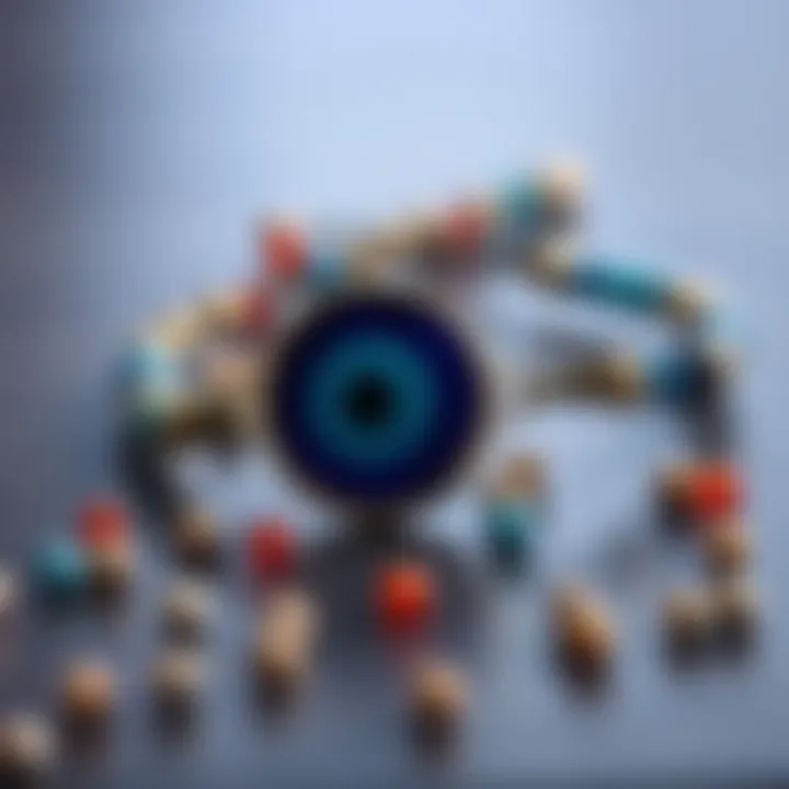 A close-up of a broken evil eye bracelet on a table with scattered beads, symbolizing concern about superstitions.