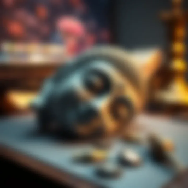 A close-up view of a broken Buddha statue with its head detached, lying on a desk. The statue is made of stone and shows intricate carvings.