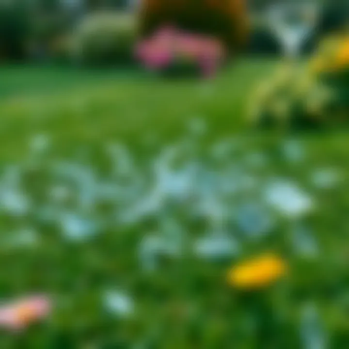 Scattered pieces of broken glass on a lawn surrounded by flowers and plants