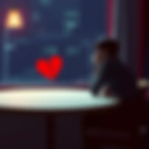 A person sitting alone at a table with a broken heart symbol, looking contemplative and sad, representing the end of a relationship.