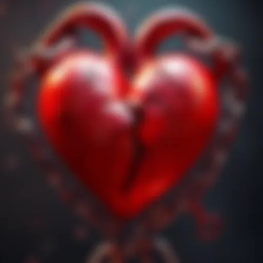 A broken heart with chains around it, symbolizing the feeling of being trapped in deceptive relationships, reflecting the theme of love as a scam.