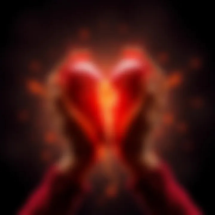 A broken heart symbol with hands reaching out for support and healing, representing recovery from toxic relationships.