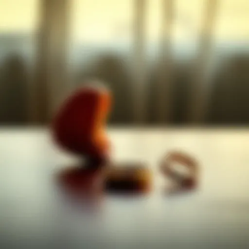A broken heart shape next to a wedding ring lying on a table, symbolizing the pain of divorce.