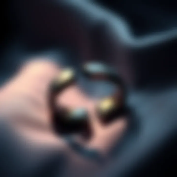 A close-up of a broken Hematite ring with sharp edges, resting on a soft fabric surface, reflecting light.
