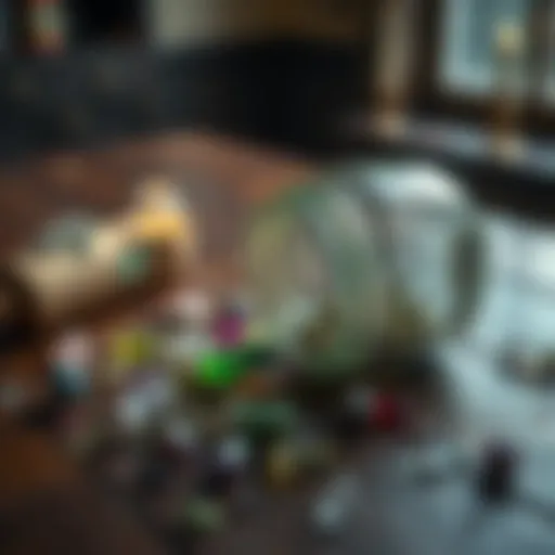 A shattered glass jar with scattered herbs and crystals on a wooden table, showing remnants of a spell jar