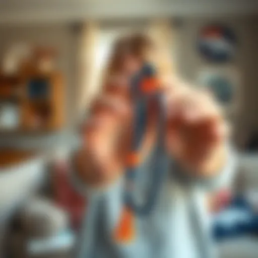 A woman holding blue and orange Bronco Prayer Beads, blending faith and football spirit, set against a cozy home backdrop.