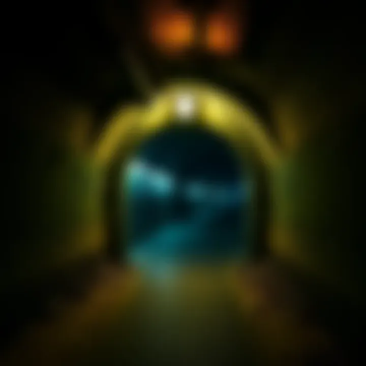 Underground tunnel entrance in Brooklyn A view of a dark tunnel entrance hidden under Brooklyn, with graffiti on the walls and flickering lights inside