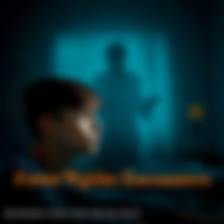 A young man looks terrified in his dimly lit bedroom as a dark, shadowy figure looms in the background, with a holy cross glowing nearby.