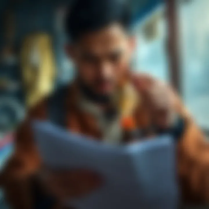 A man holds a shrimp while looking at documents related to the shrimp industry, symbolizing corruption and call for change.