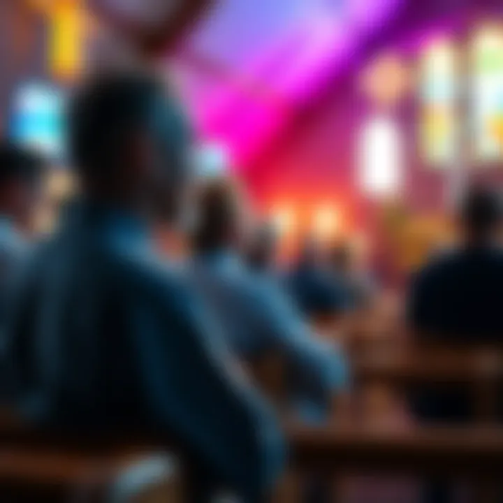 A group of men attending a service in an Assemblies of God church, engaged in conversation about faith and community practices.