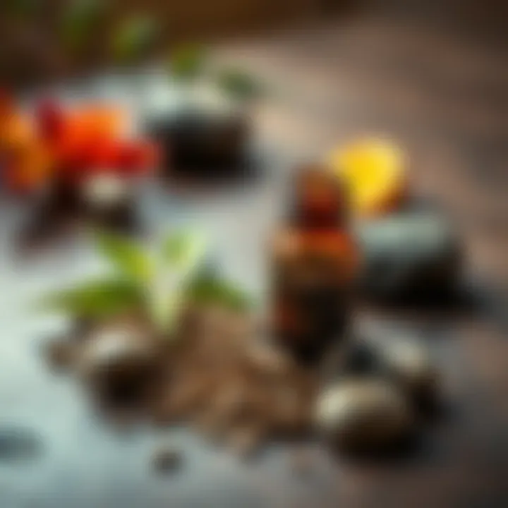 A small brown herbal remedy placed on a table, surrounded by natural elements like leaves and stones, suggesting its use for stress and libido issues.