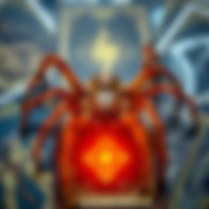 A brown recluse spider is surrounded by tarot cards, depicting its thoughts about life and death before facing a threat.