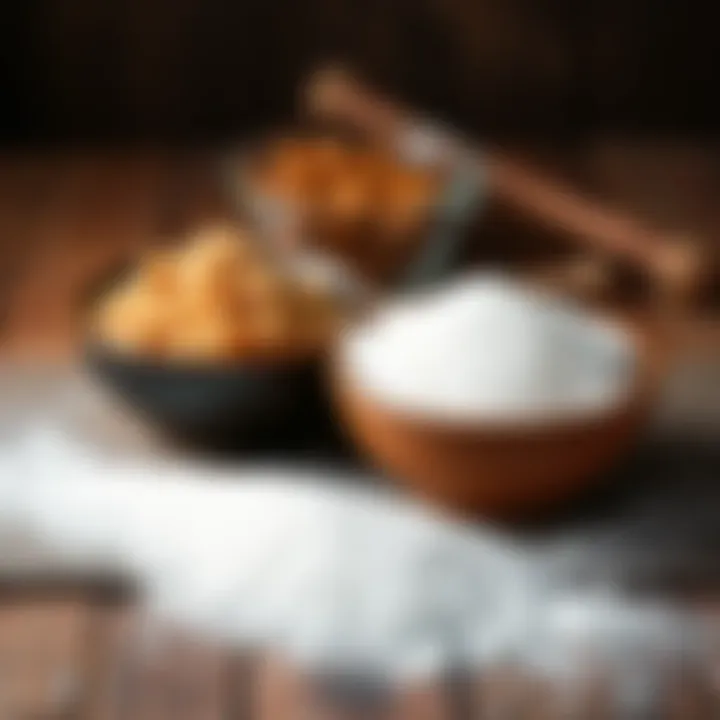Two bowls, one filled with brown sugar and the other with white sugar, placed on a wooden table