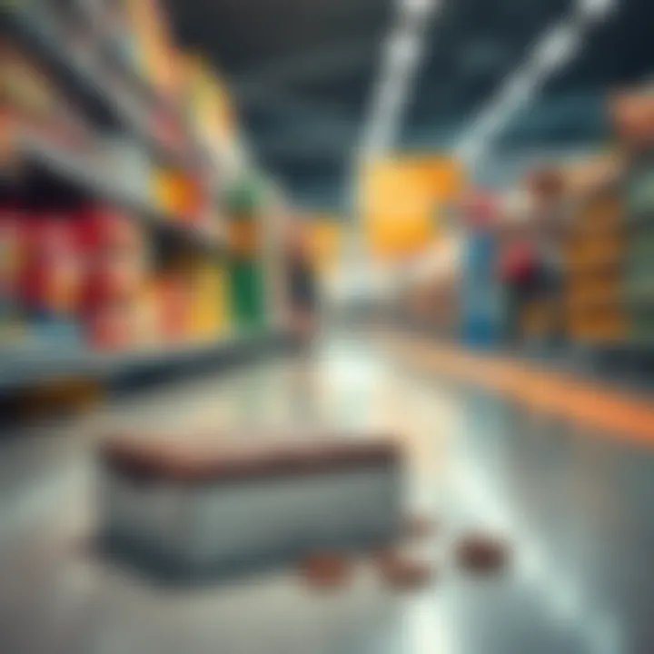 A box of brownies sits on the floor of a Walmart aisle, with curious shoppers nearby.