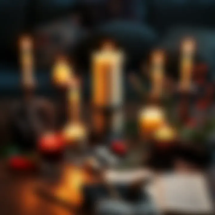 Candles and herbs used in Brujería A collection of candles, herbs, and ritual items on a wooden table, reflecting Brujería practices