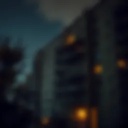 A dark scene featuring a Brutalist-style apartment building with broken elevators and industrial elements, surrounded by an eerie suburban atmosphere.