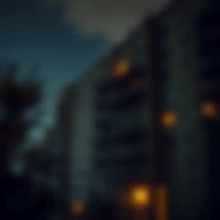 A dark scene featuring a Brutalist-style apartment building with broken elevators and industrial elements, surrounded by an eerie suburban atmosphere.