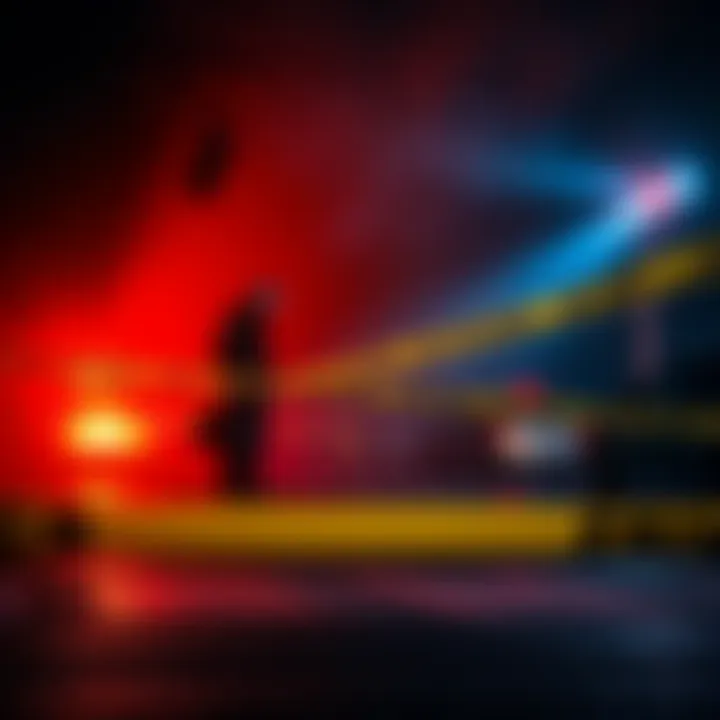 A crime scene with police tape and investigators examining evidence, symbolizing the BTK Killer's chilling legacy.