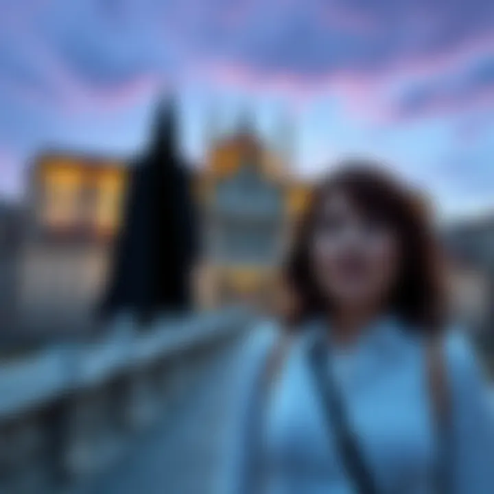 Tall figure in Buda Castle photo A woman stands surprised while a tall, shadowy figure appears in the background of a Buda Castle tour photo.
