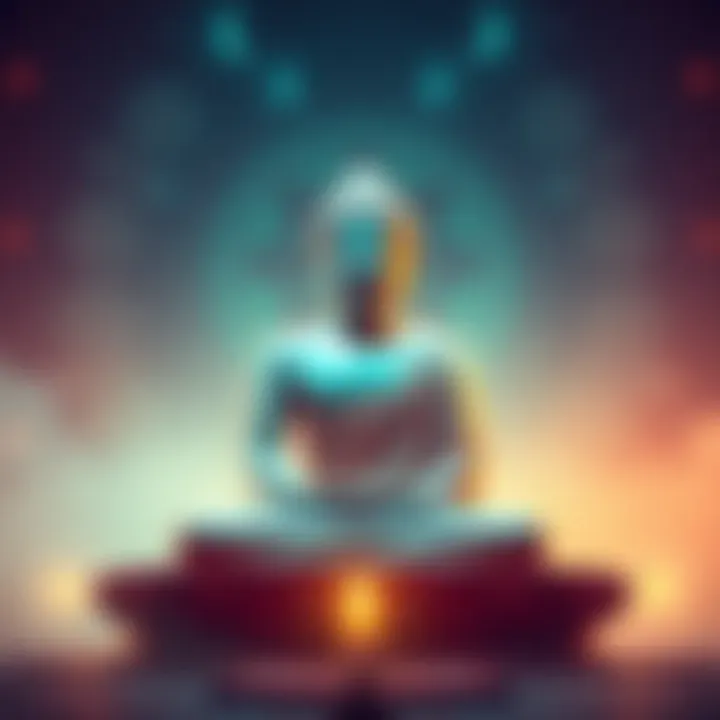 Buddha sitting peacefully in meditation surrounded by symbols of life and rebirth, representing the reincarnation cycle.