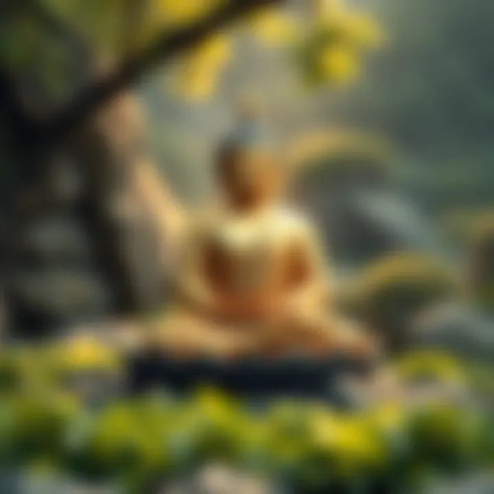 Buddha seated in meditation, surrounded by nature, symbolizing tranquility and focus on spiritual practice