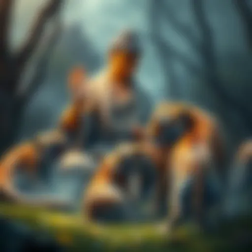 A scene depicting a compassionate figure resembling Buddha offering his life to a hungry tigress and her cubs, showcasing selflessness and compassion in nature.