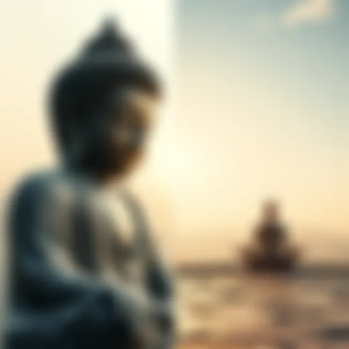 A split image showing a serene Buddha statue on one side and a person meditating in a peaceful setting on the other, symbolizing the contrasting teachings of no-self and ultimate self.
