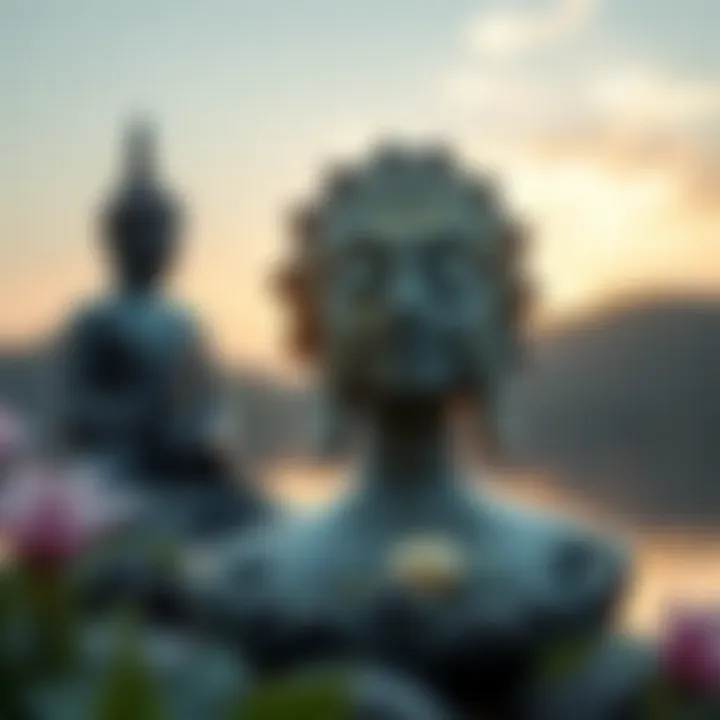 A serene Buddha statue alongside a representation of Advaita's Self, symbolizing the no-self and ultimate Self concepts, with calm nature in the background.